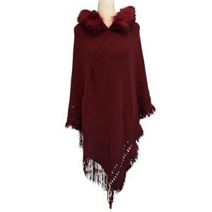 Elegant Burgundy Poncho with Faux Fur Trim